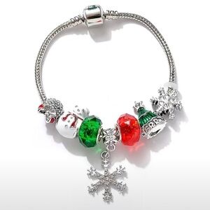 Christmas Charm Bracelet Barrel Charms Multi Color Dangle Glittering Snowflake